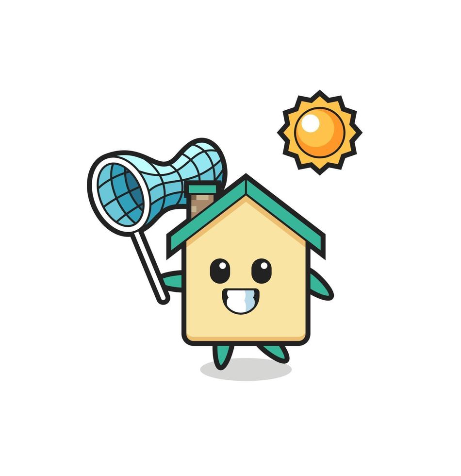 house mascot illustration is catching butterfly vector