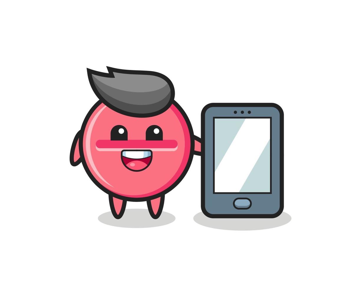 medicine tablet illustration cartoon holding a smartphone vector