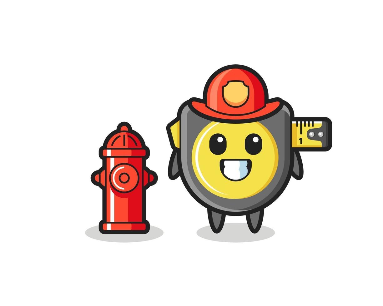 Personaje de mascota de cinta métrica como bombero. vector