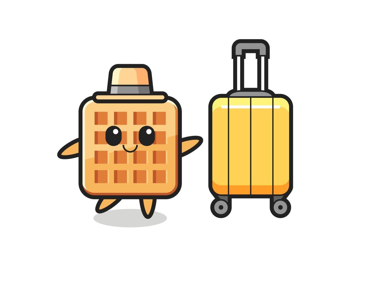 waffle cartoon illustration with luggage on vacation vector