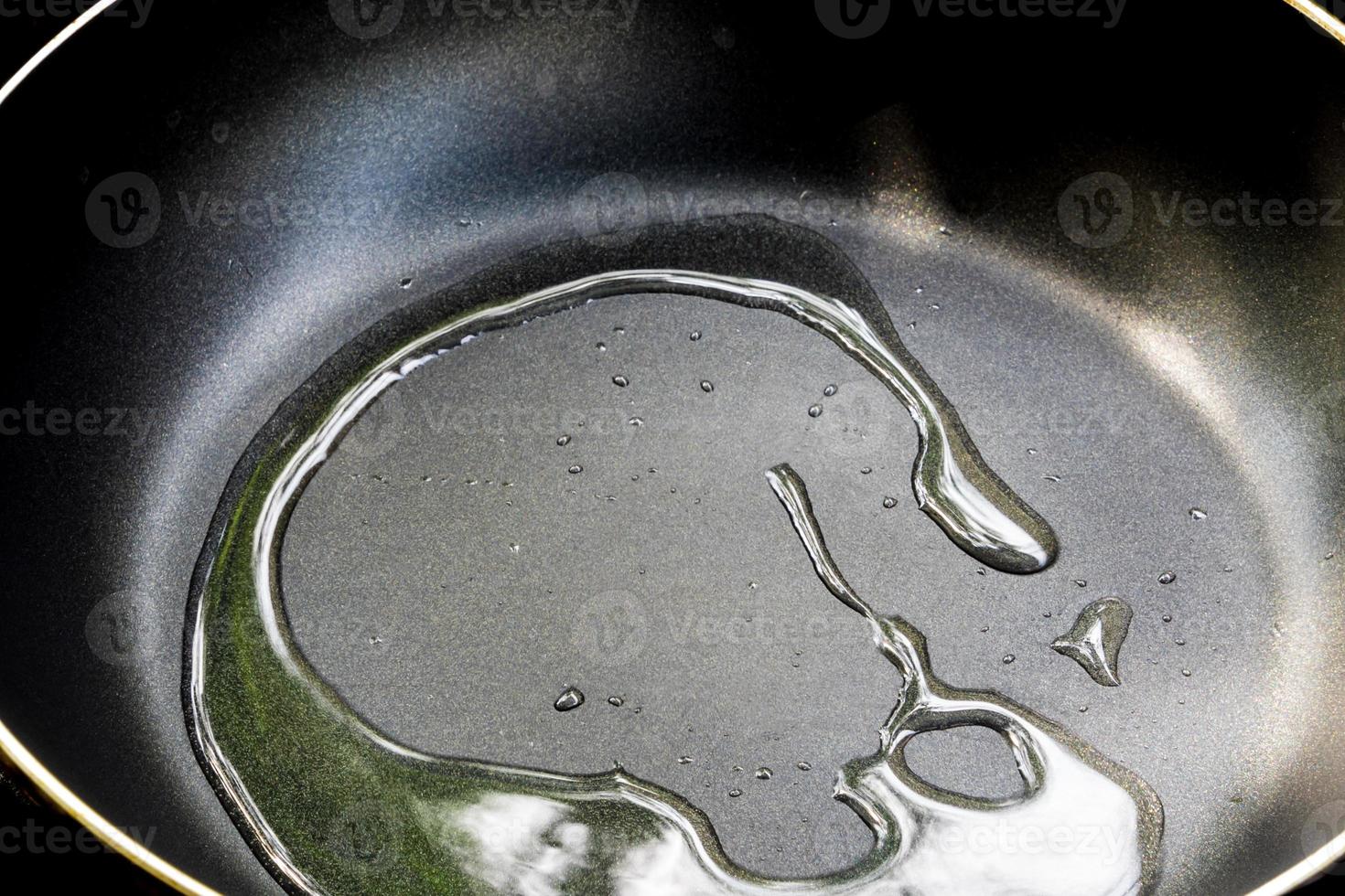 Hot cooking oil in the black cooking pan photo