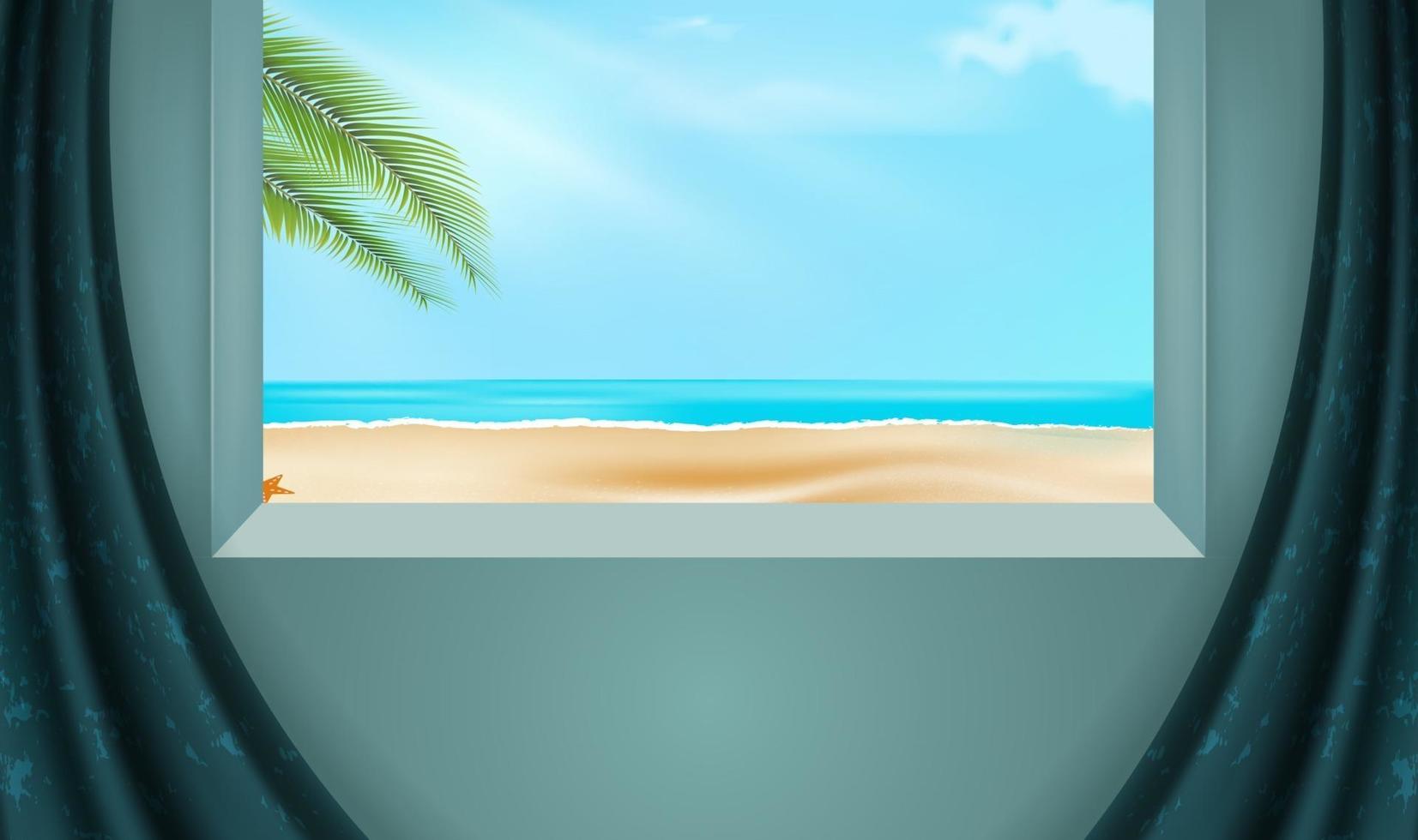 Podium with a curtain for a cosmetic product display with a beach view vector