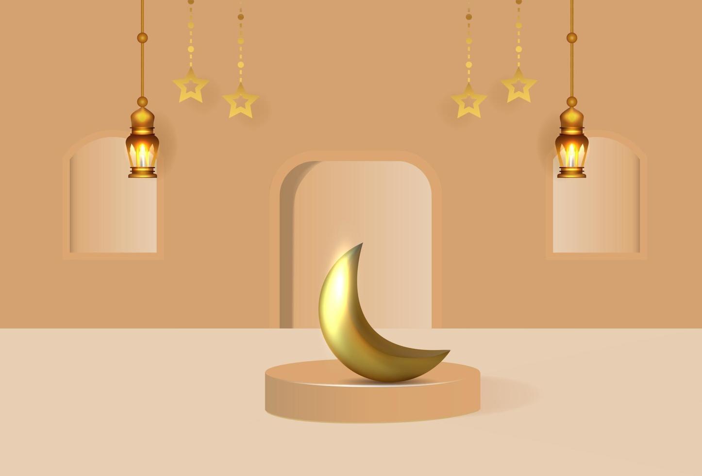 Ramadan kareem background with 3d luxury podium and lanters vector