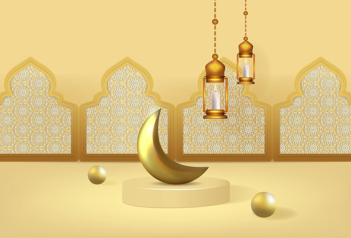 Ramadan kareem background with 3d luxury podium and lanters vector