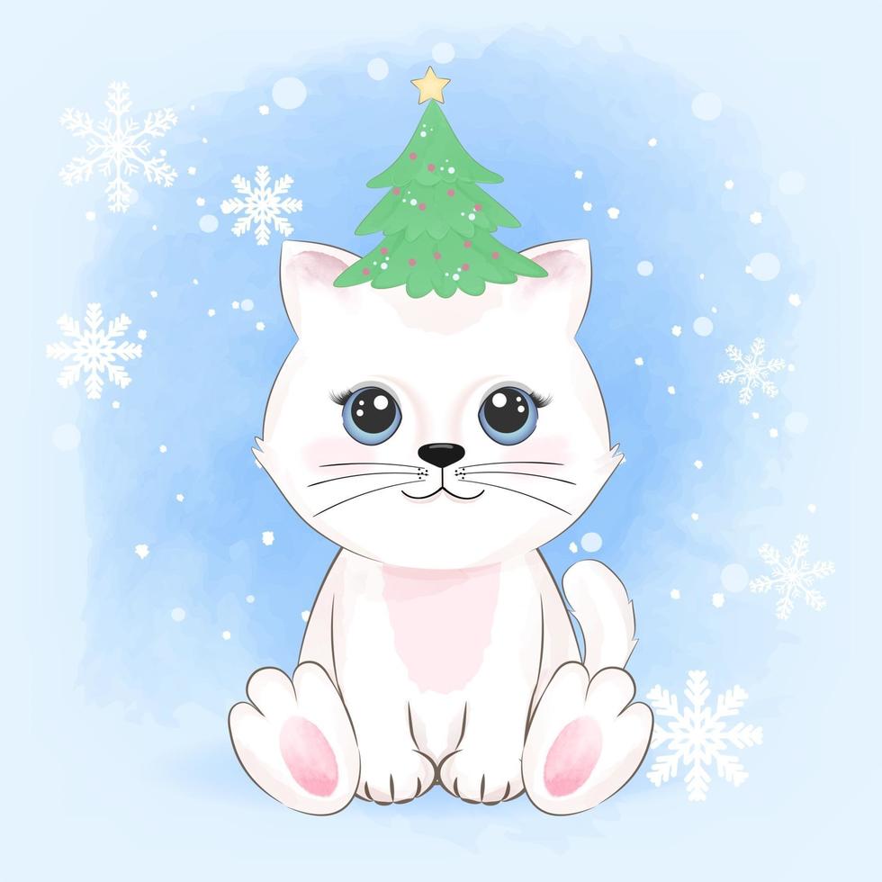 lindo gato y árbol de navidad en la cabeza invierno, navidad seson vector