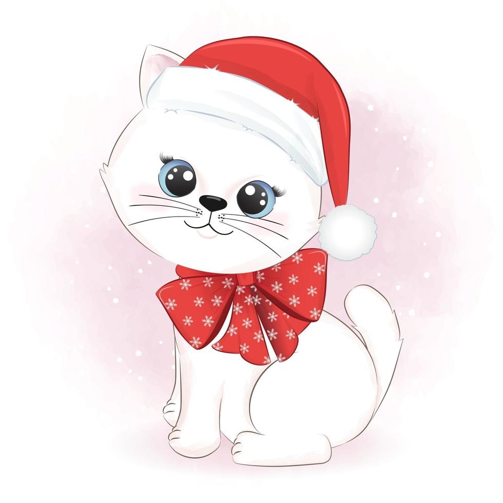 Cute cat and santa hat, winter and Christmas illustration. vector