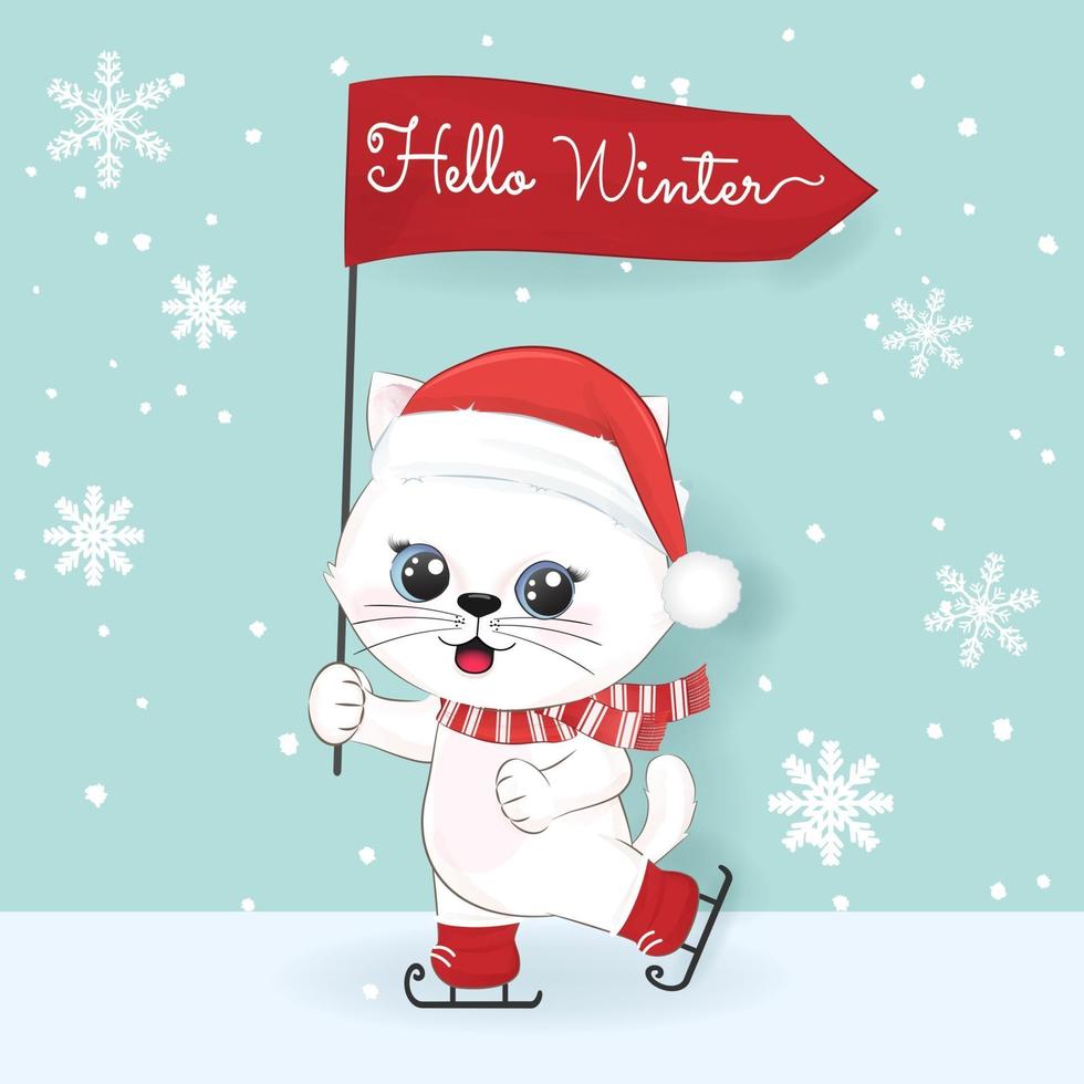 lindo gato y hola texto de invierno, ilustración de invierno y Navidad. vector