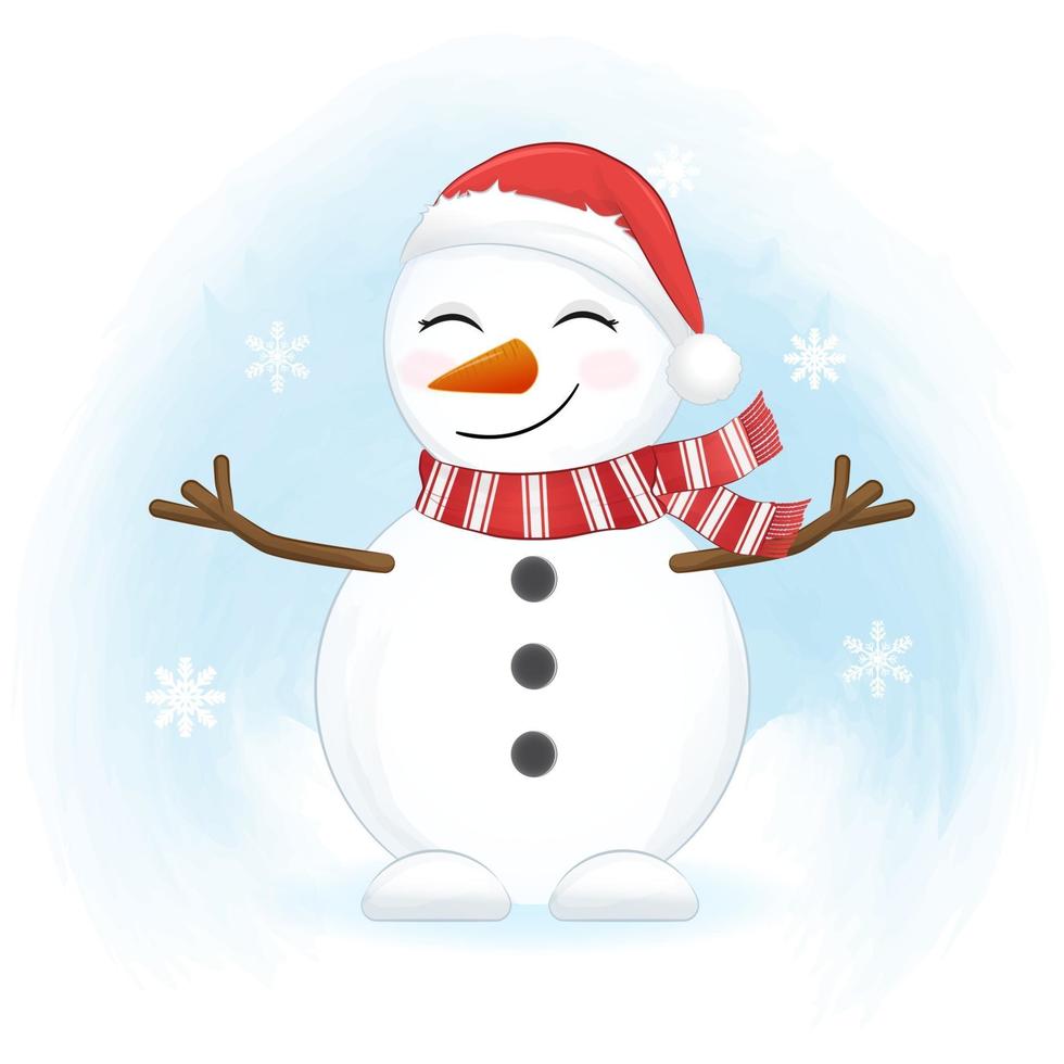 Cute snowman and snowflake in winter, Christmas illustration. vector