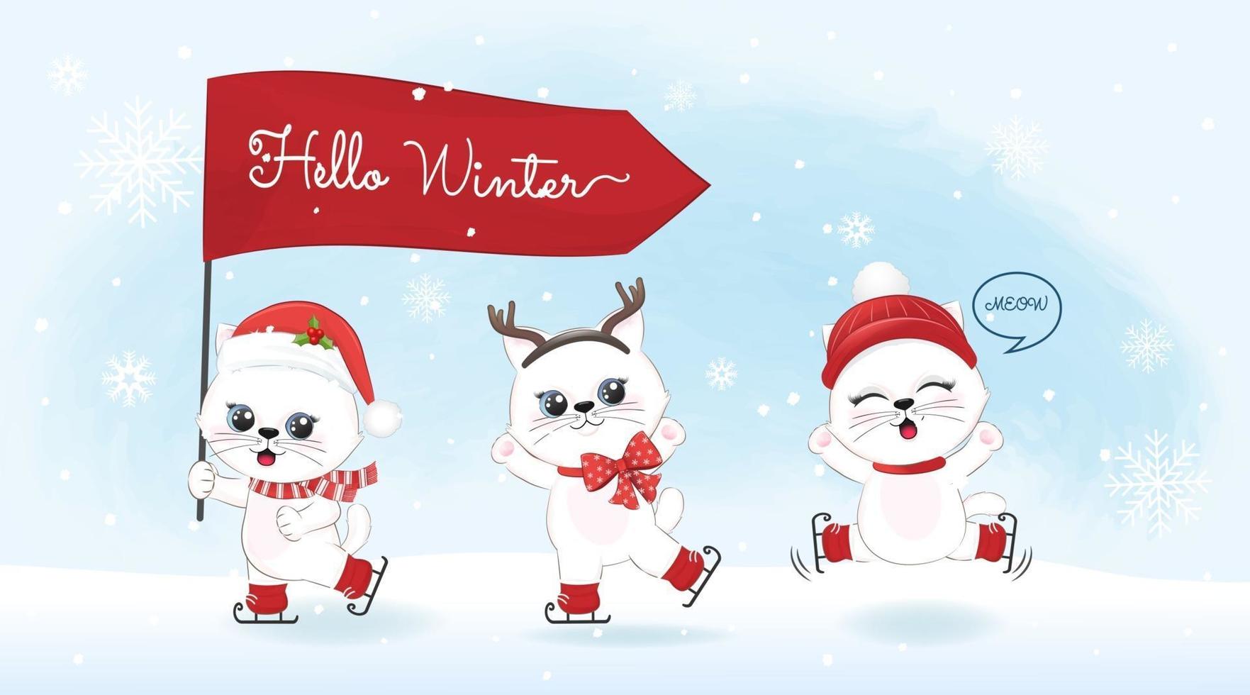 Cute cats on winter background winter and Christmas illustration. vector