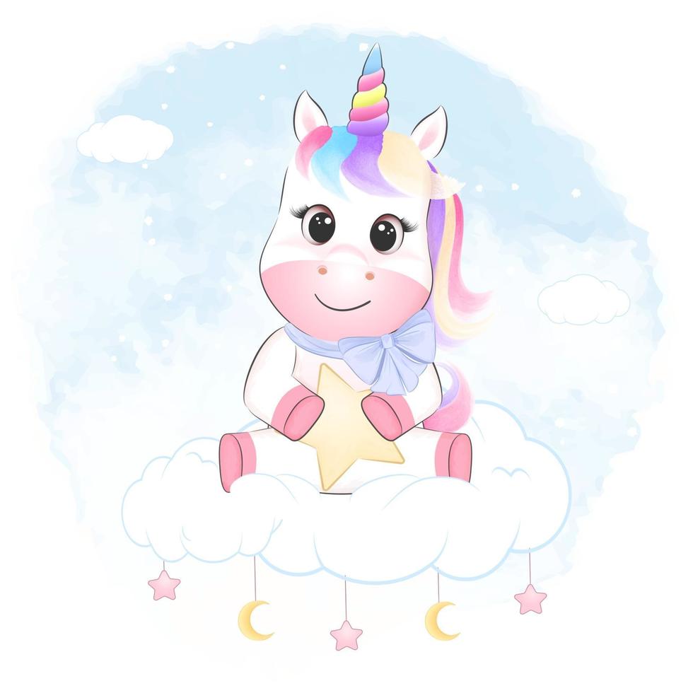 lindo unicornio pequeño sentado en la nube vector