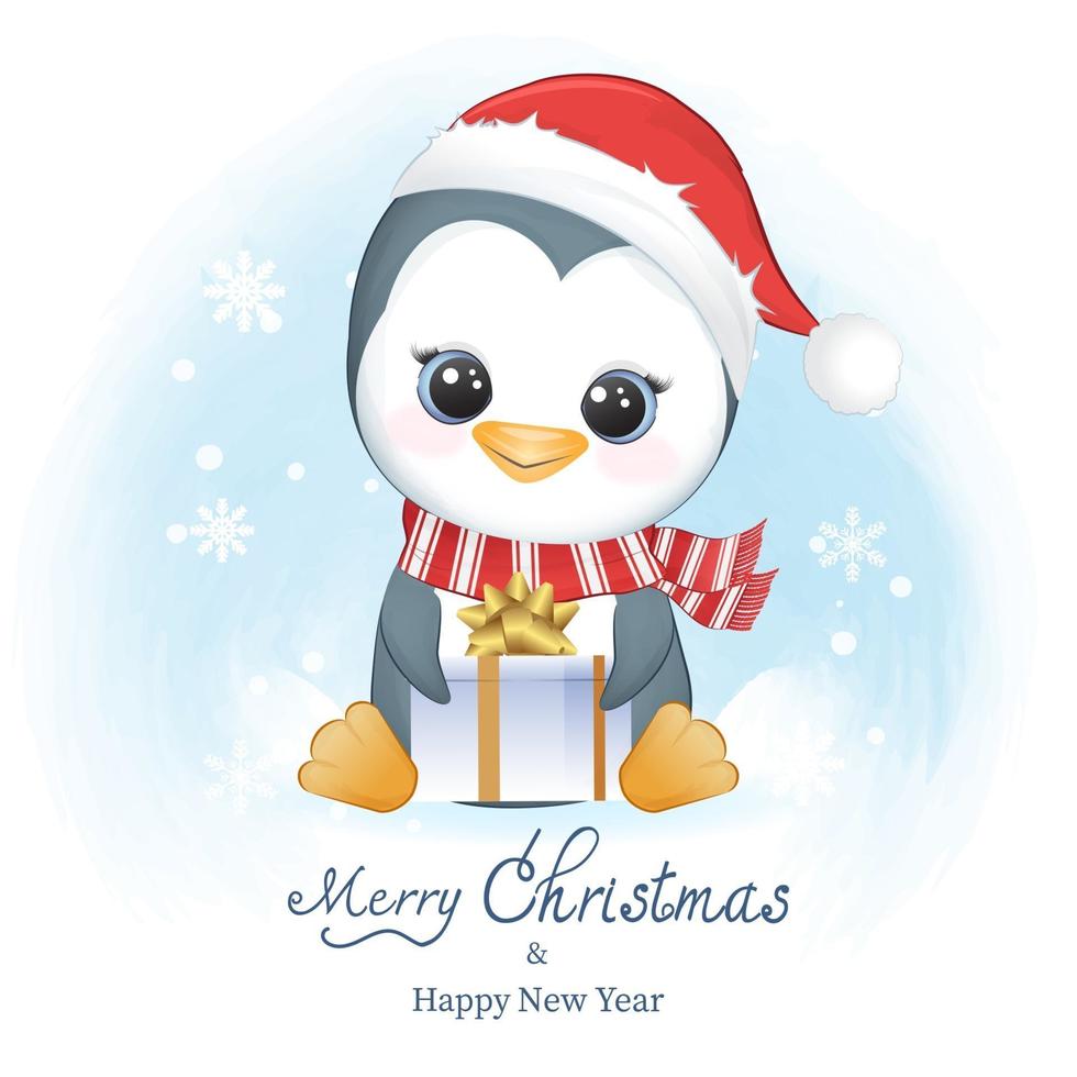 lindo pingüino y caja de regalo en invierno, ilustración navideña. vector