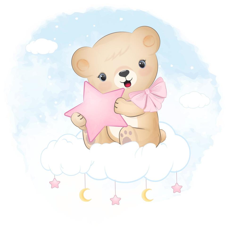 Cute Teddy bear sitting on the cloud vector