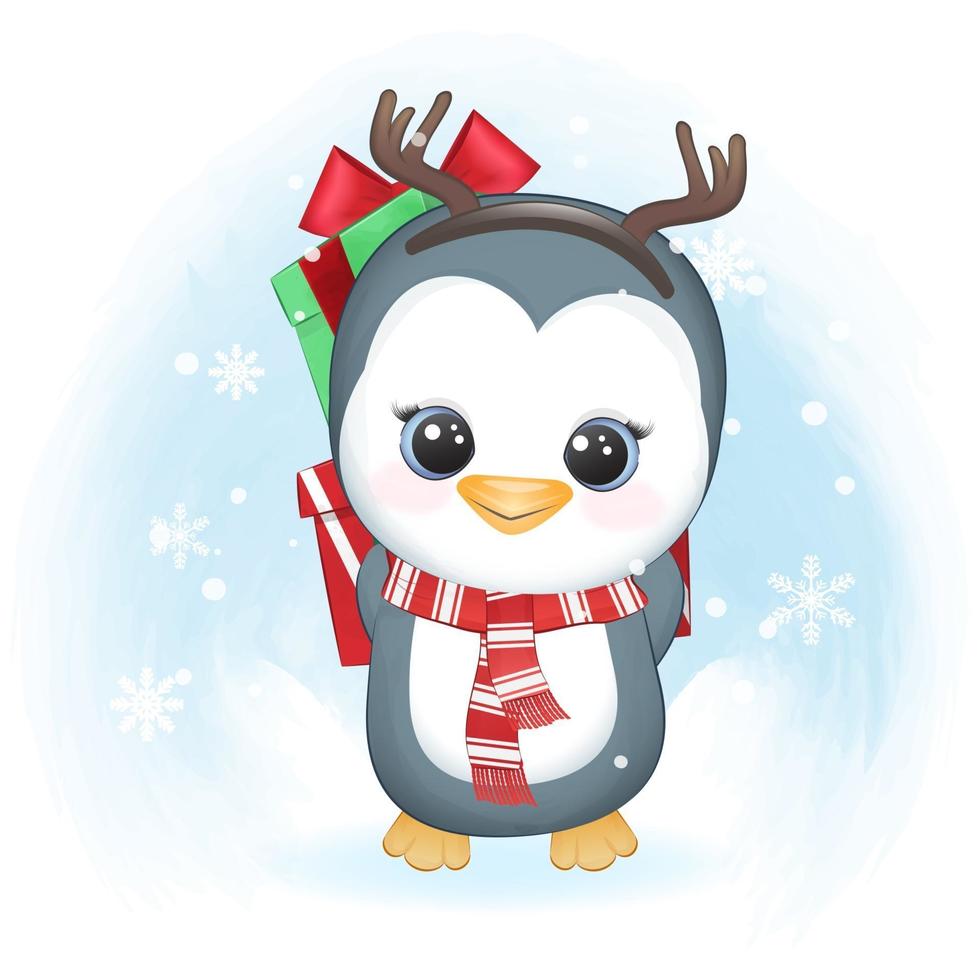 Cute penguin and gift box in winter, Christmas illustration. vector