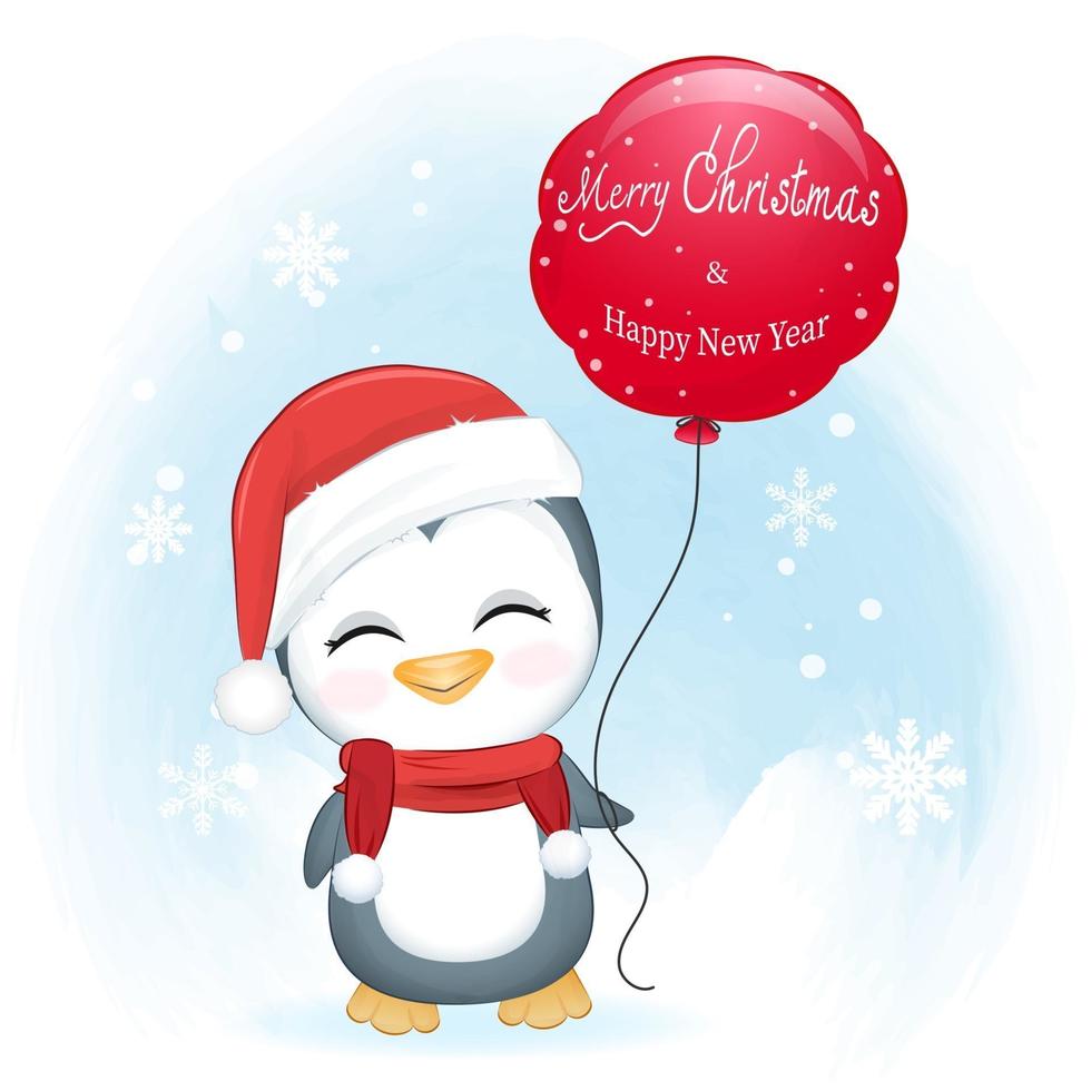 Cute penguin and red balloon in winter, Christmas illustration. vector