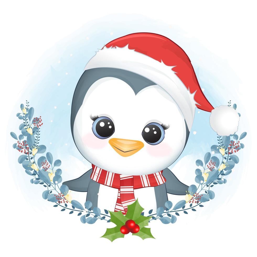 Cute penguin and wreath christmas, Christmas watercolor illustration. vector