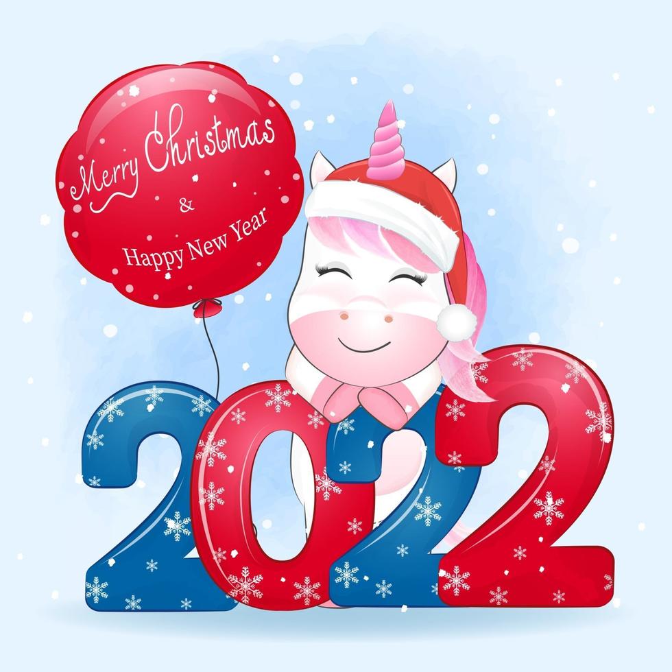 Cute little unicorn and red balloon 2022 Christmas illustration. vector