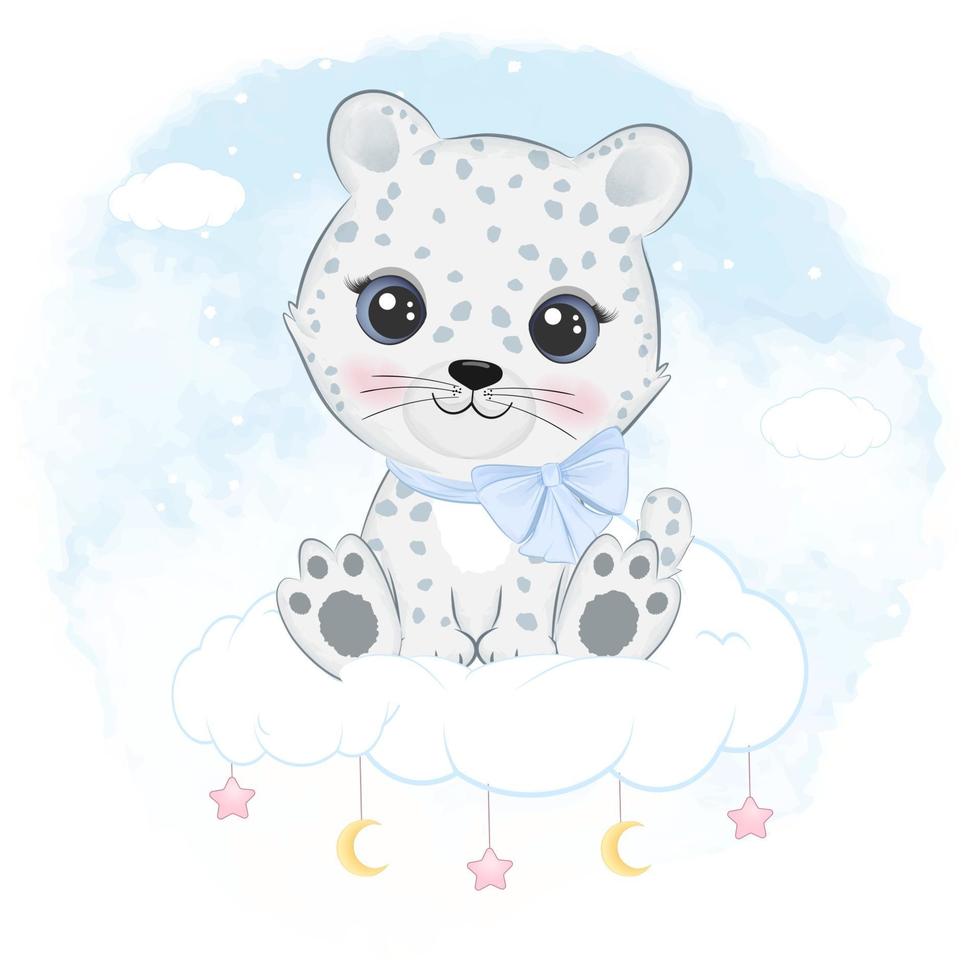 pequeño y lindo leopardo de las nieves sentado en la nube vector