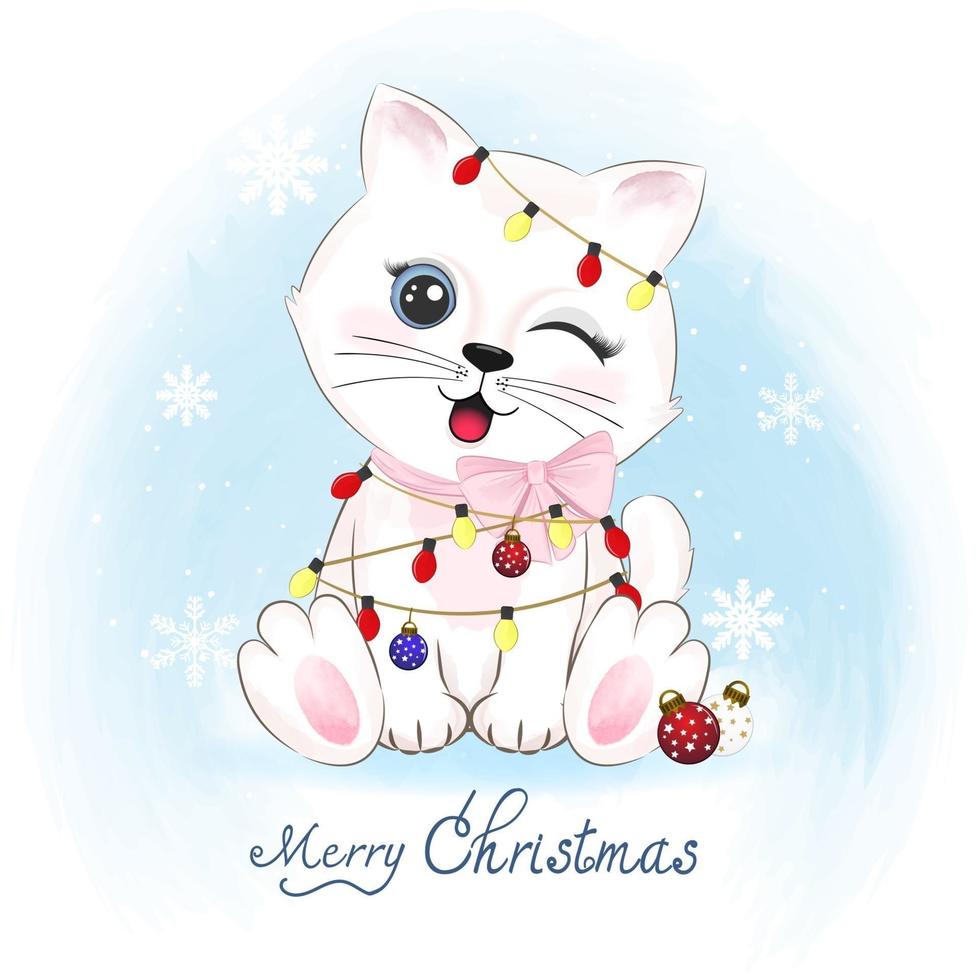 lindo gato y decoración navideña de bulbo. feliz navidad ilustración. vector