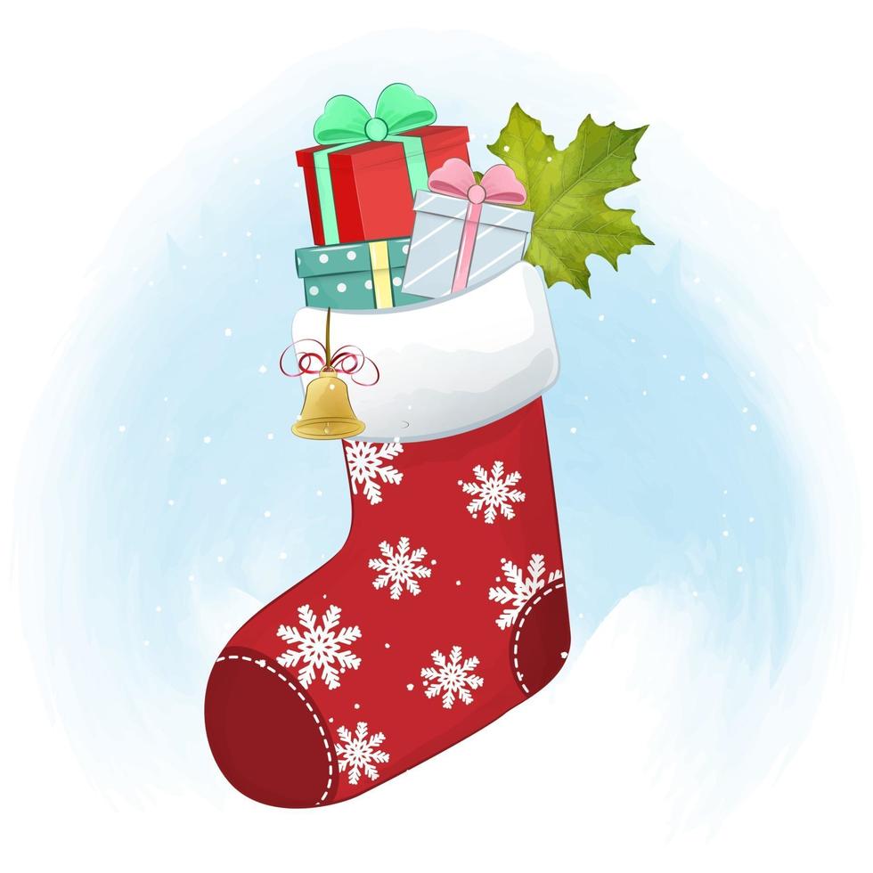 Gift boxes in the red sock. Christmas season illustration vector