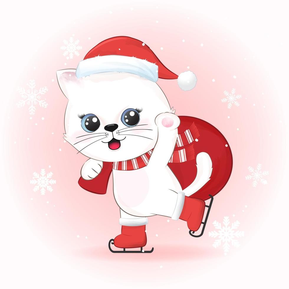 lindo gato y globo rojo en invierno, ilustración de la temporada navideña. vector