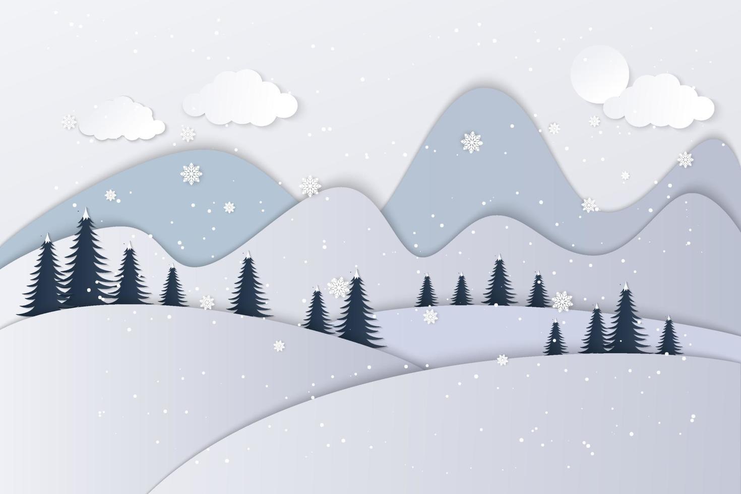 Merry Christmas greeting card with landscape in flat modern style vector