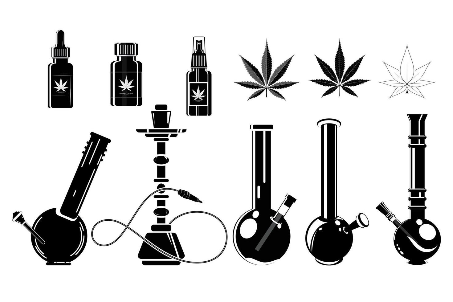 Set of cannabis leafs, bongs, hookahs icons. Cannabis, marijuana. vector