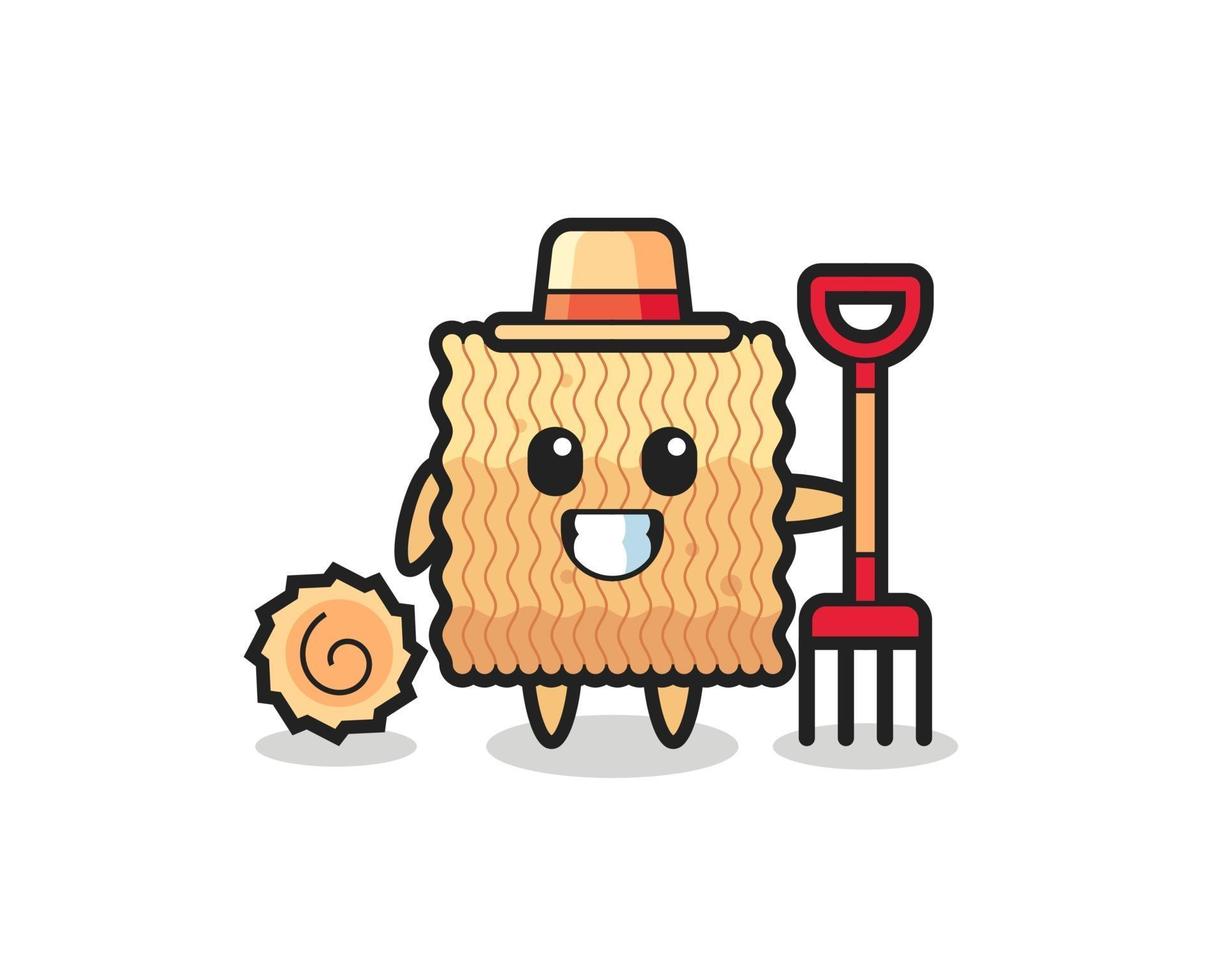 Mascot character of raw instant noodle as a farmer vector