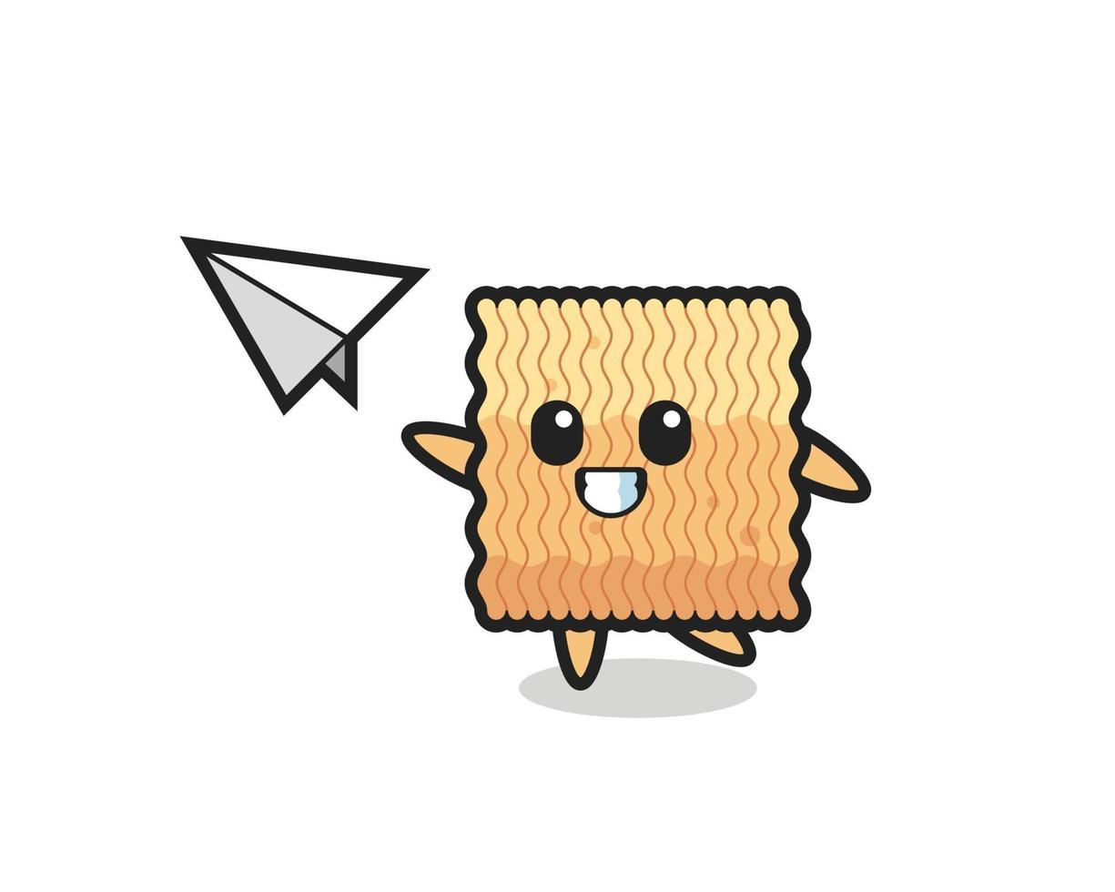 raw instant noodle cartoon character throwing paper airplane vector