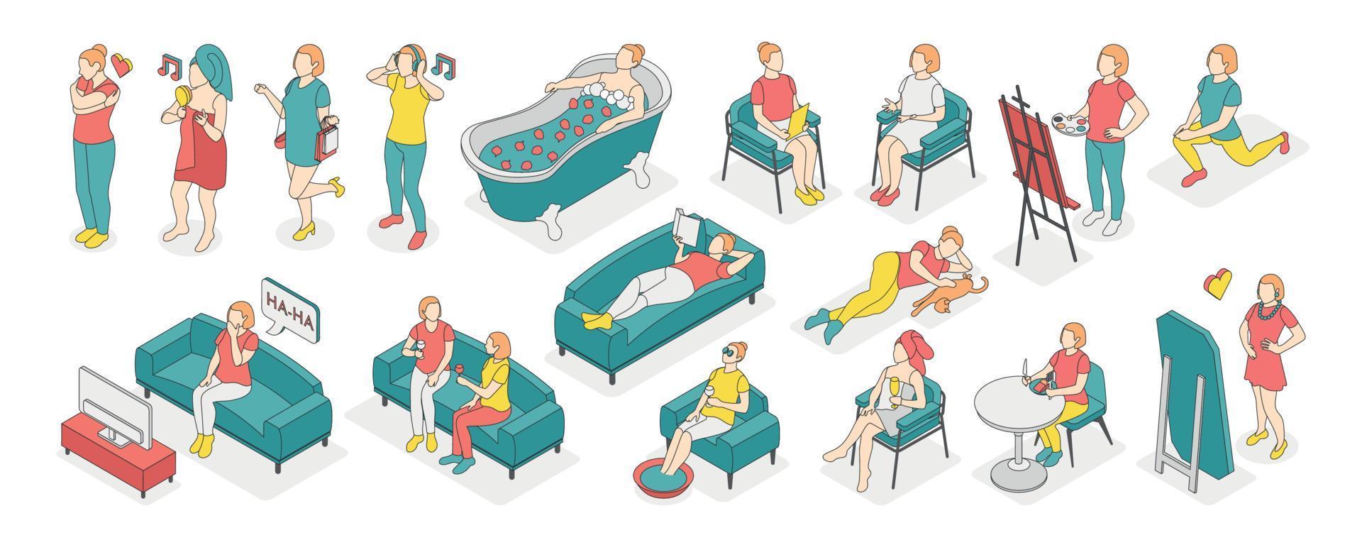 Self Care Concept Isometric Colored Icon Set vector