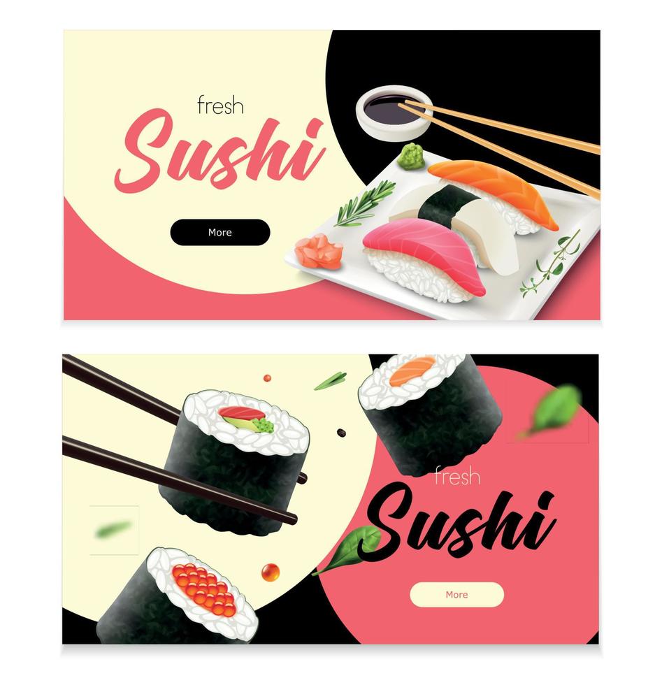conjunto de banners horizontales de sushi realista vector