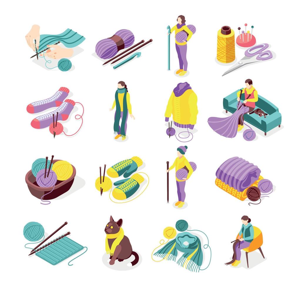 Knitting Isometric Icons Set vector
