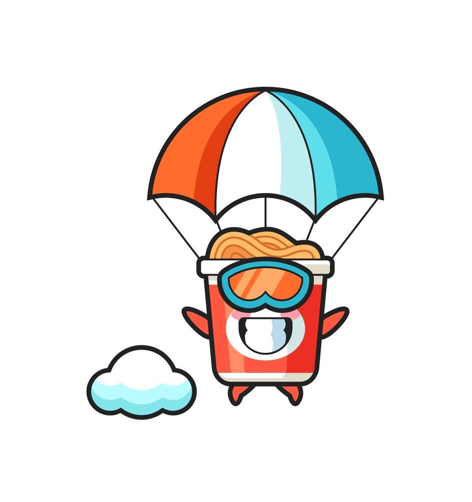 instant noodle mascot cartoon is skydiving with happy gesture vector