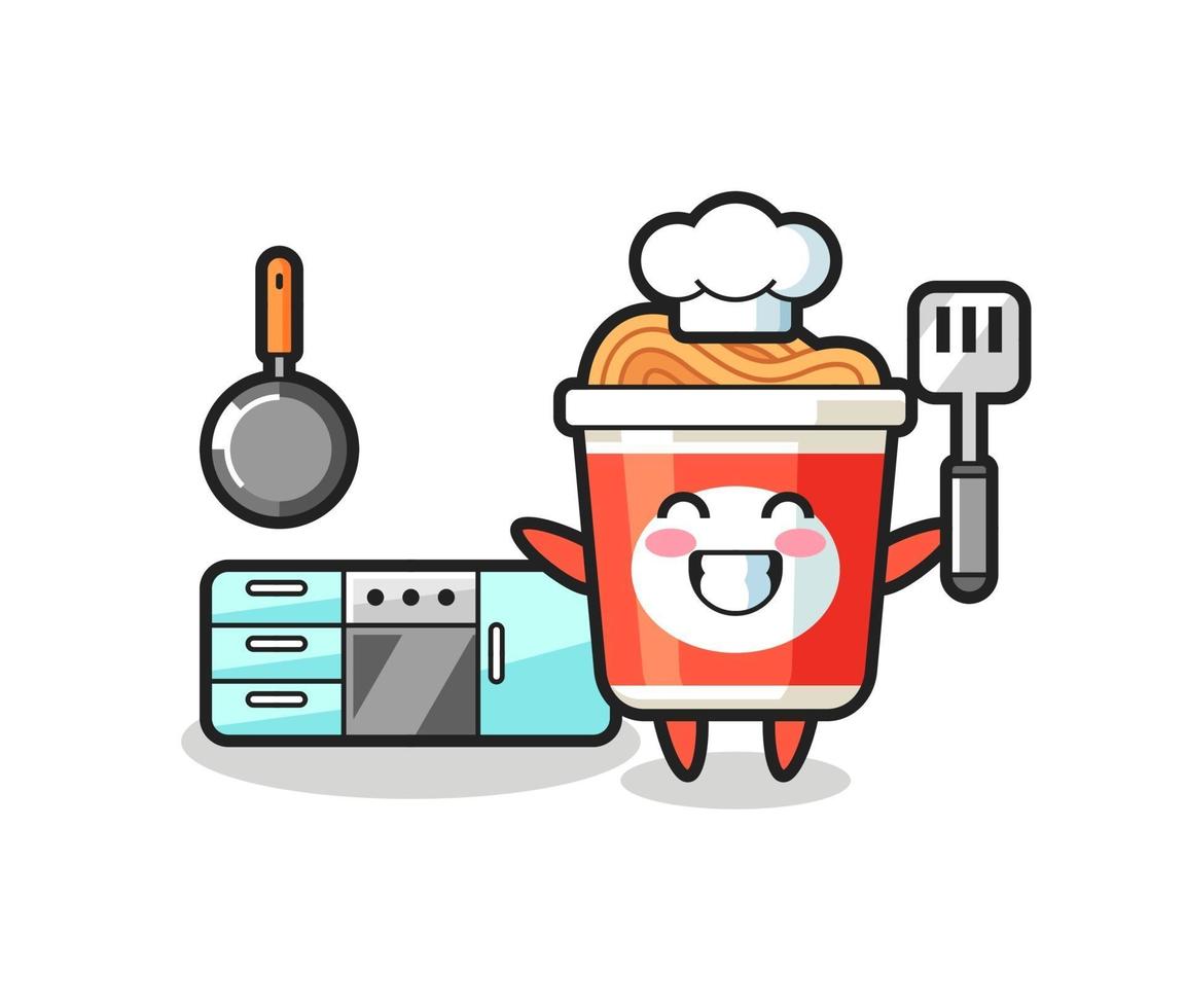 ilustración de personaje de fideos instantáneos mientras un chef está cocinando vector