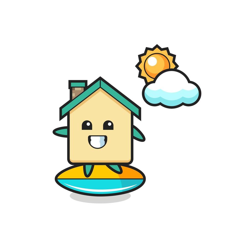 Illustration of house cartoon do surfing on the beach vector