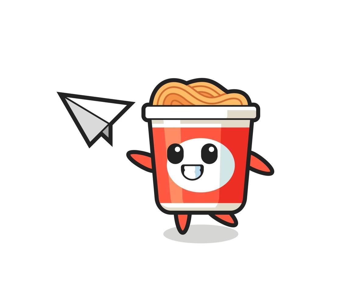 instant noodle cartoon character throwing paper airplane vector