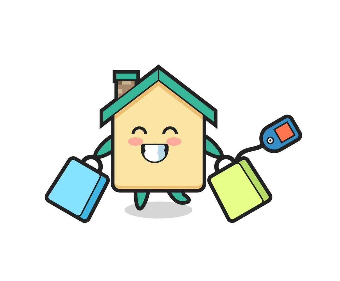 house mascot cartoon holding a shopping bag vector