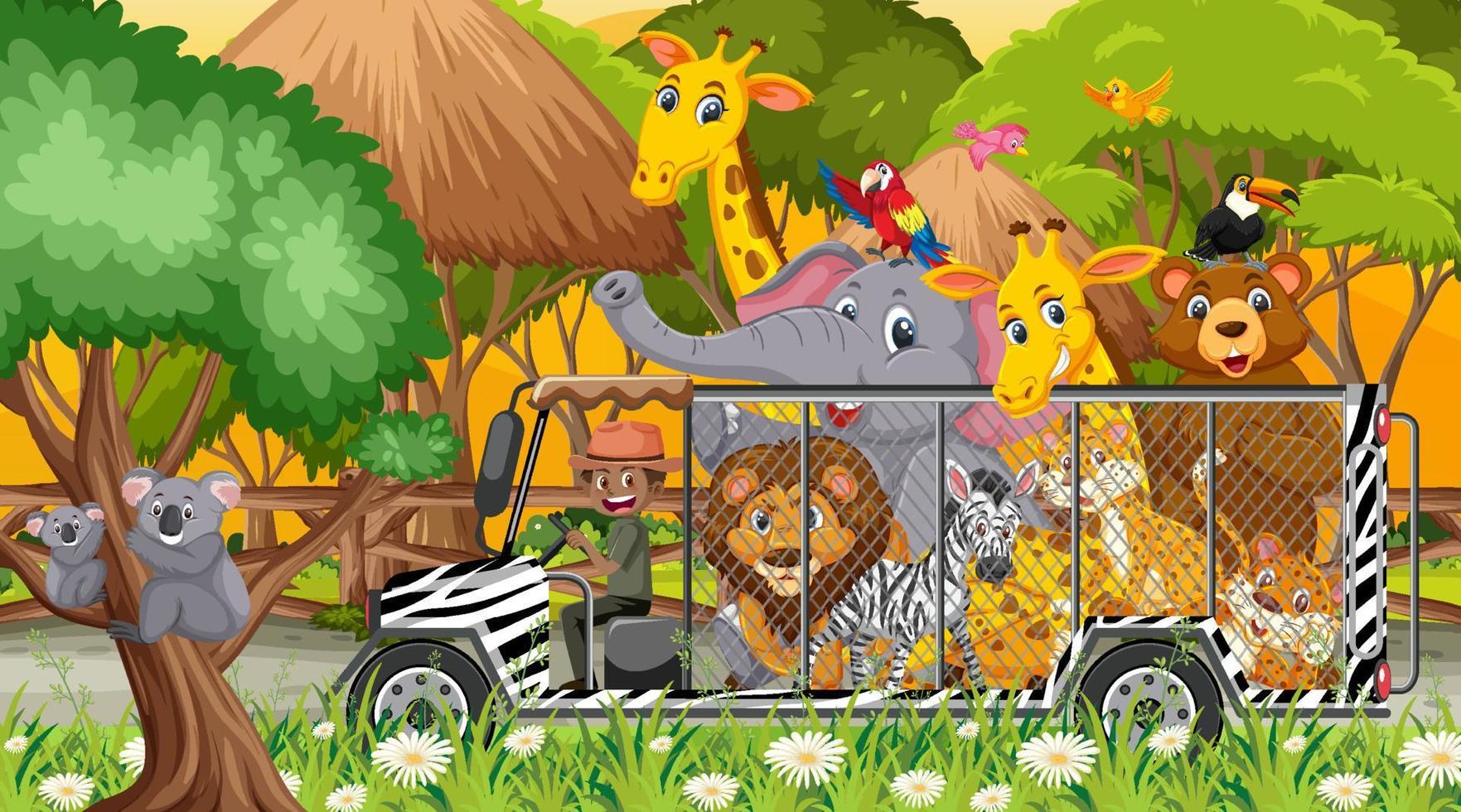 Escena de safari con animales salvajes en el coche de la jaula. vector
