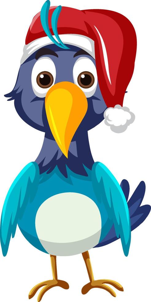 Blue bird wearing Christmas hat cartoon character vector