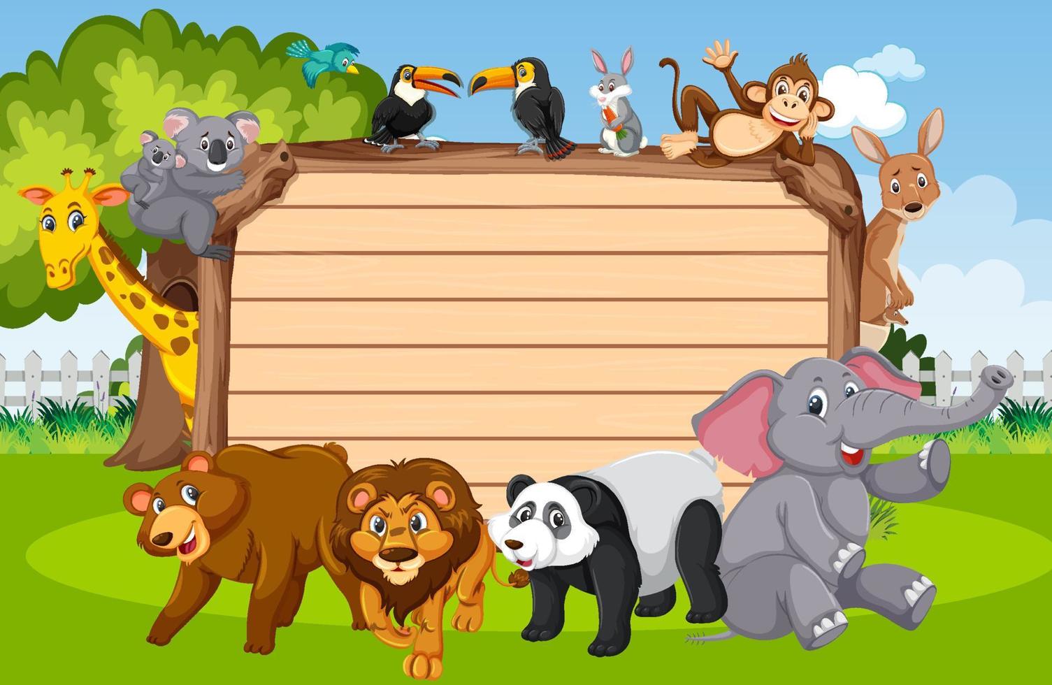 Empty wooden board with various wild animals in the forest vector