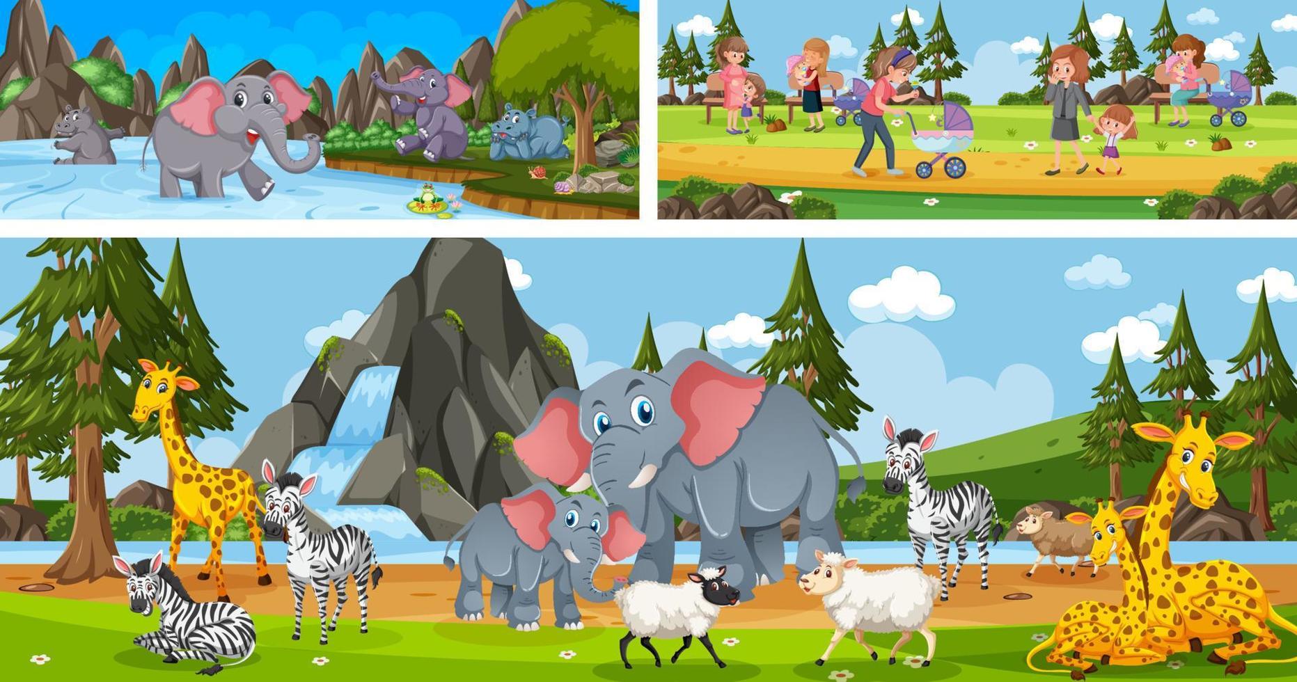 Different scene set with outdoor panoramic landscape in cartoon style vector