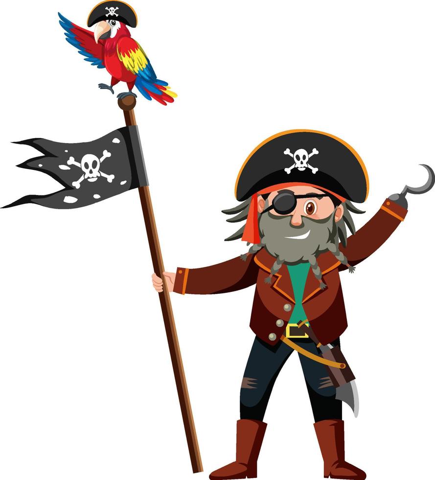 Personaje de dibujos animados pirata del capitán garfio sosteniendo el jolly roger aislado sobre fondo blanco. vector