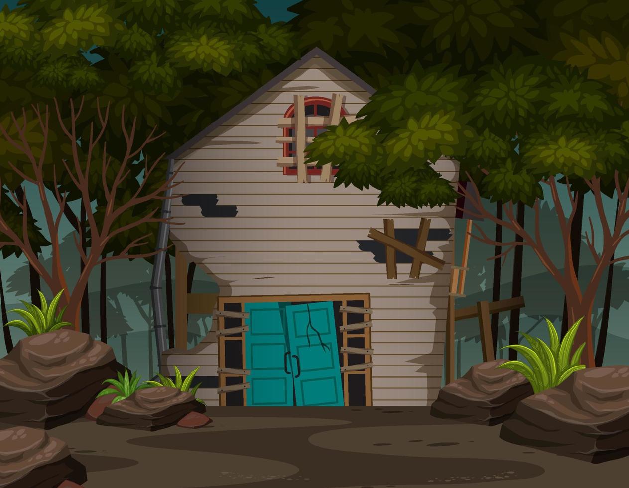 Scene with abandoned house in the dark forest vector