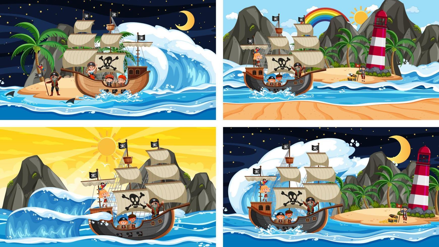 Set of different beach scenes with pirate ship and pirate cartoon character vector
