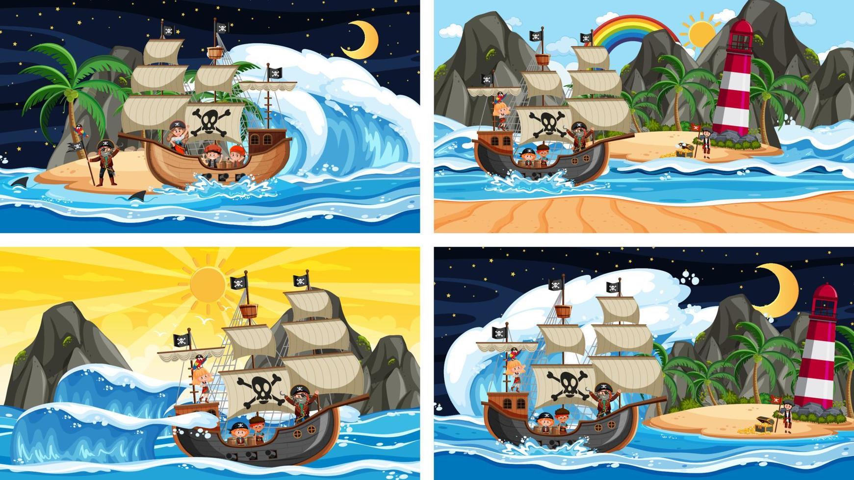 conjunto de diferentes escenas de playa con barco pirata y personaje de dibujos animados pirata vector