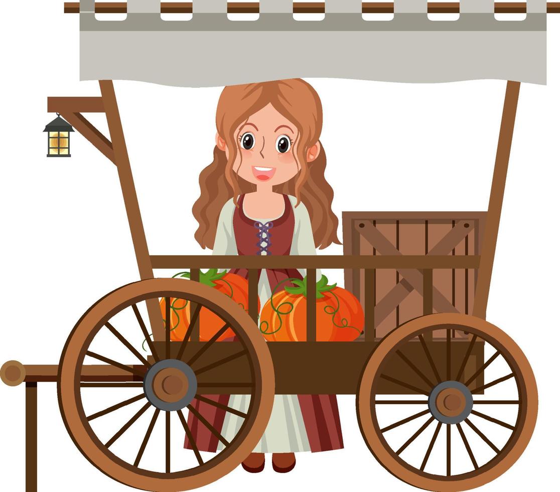 Medieval girl with pumpkins in a cart vector