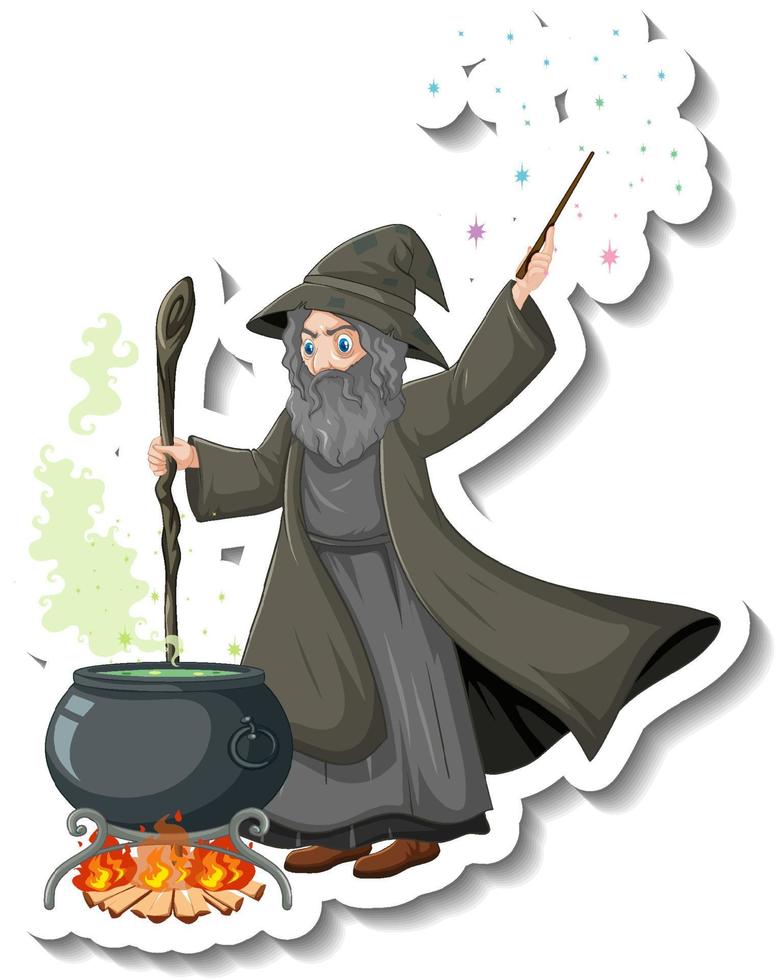 Old wizard brewing potion pot cartoon character sticker vector
