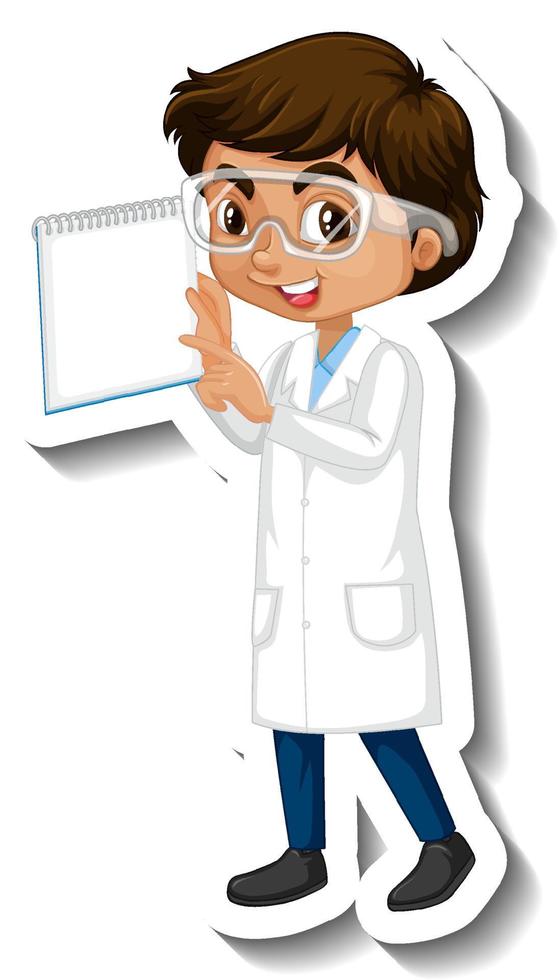 Cartoon character sticker with a boy in science gown vector