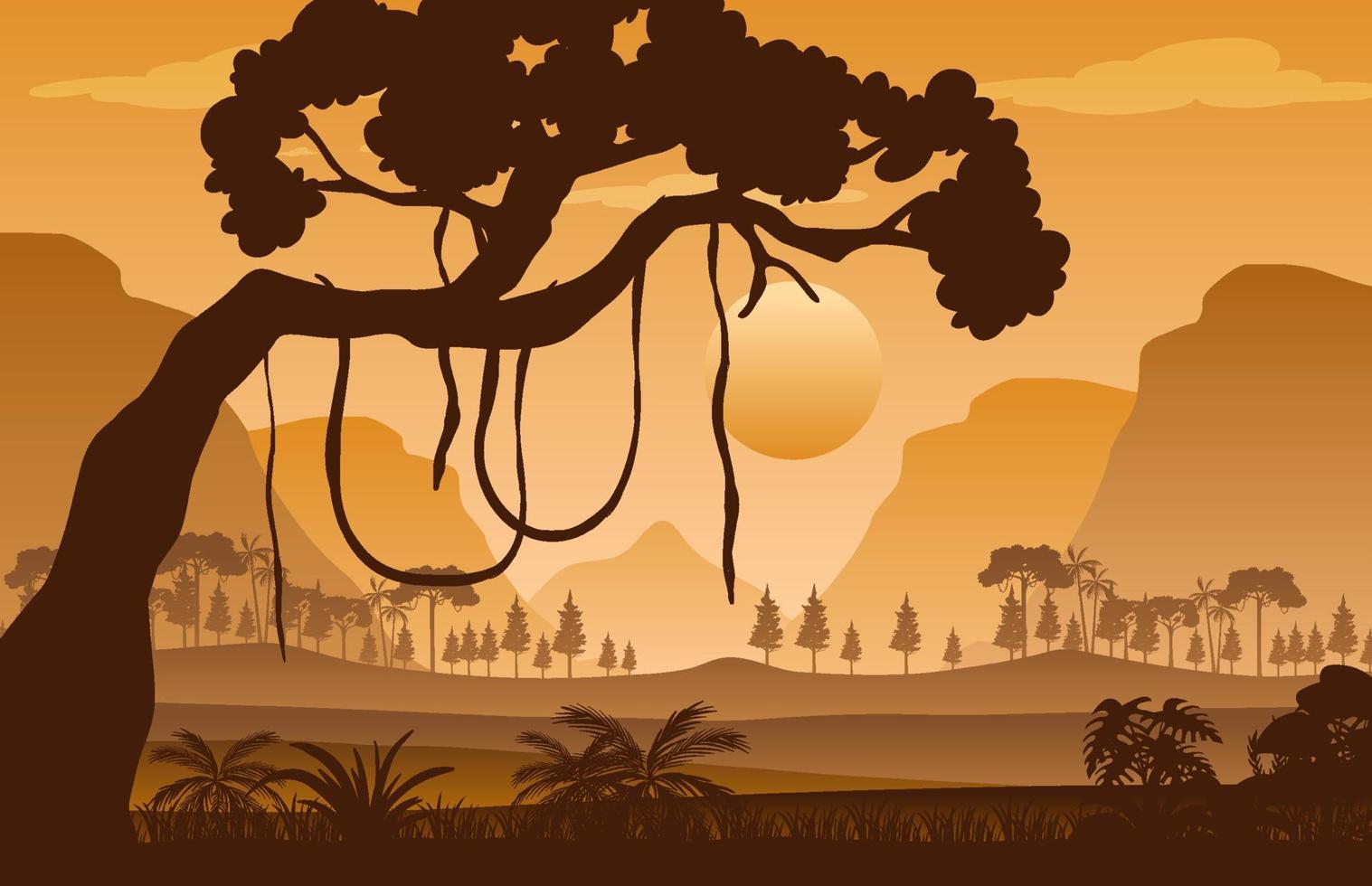 Silhouette forest landscape at sunset vector