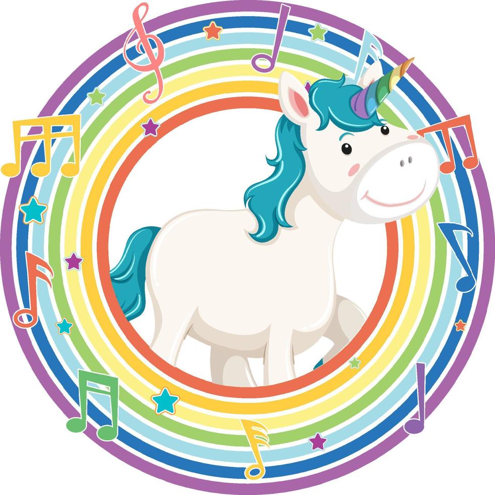 Unicorn in rainbow round frame with melody symbol vector