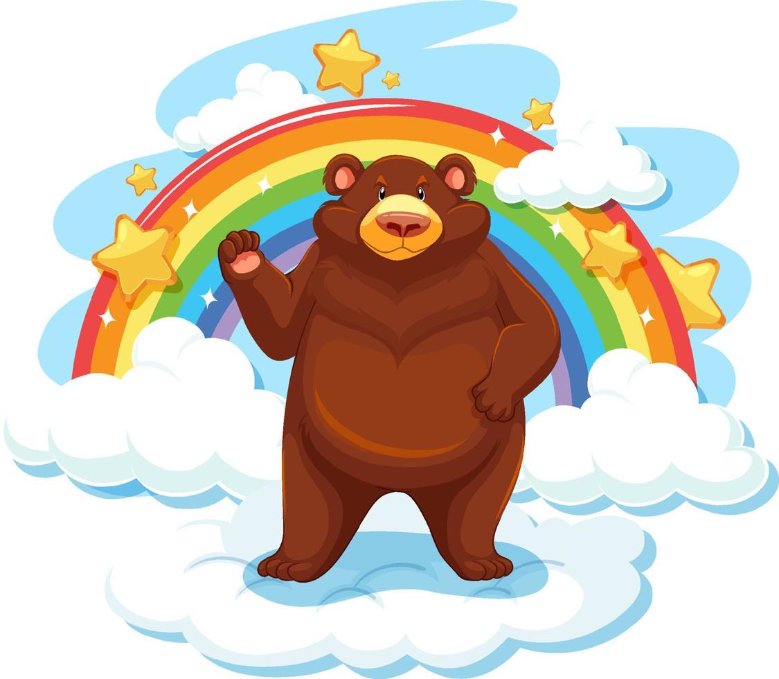 Grizzly bear on the cloud with rainbow vector